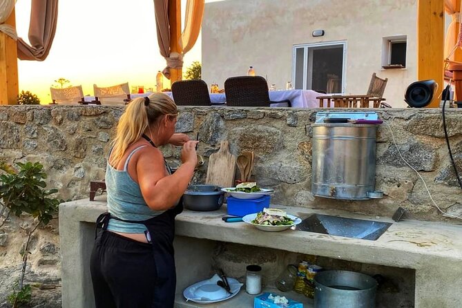 Cooking Class Sunset Dinner and Tour in Paros Farm - The sunset dinner setup: wine, lemonade, ice cream, and Greek music